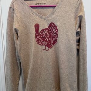 Life Is Good Beige Long Sleeve Tee with Red Turkey Design